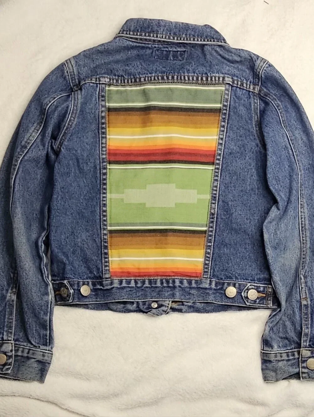 Girls Vintage Meow Genes Upcycled Serape Denim Jacket Size Med